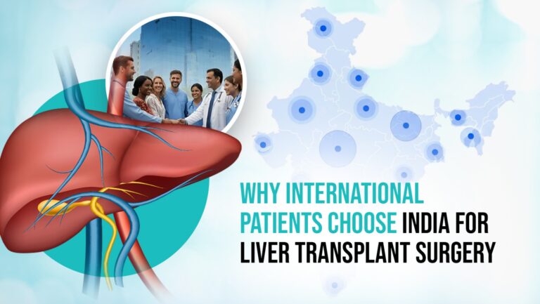 An infographic titled "Why International Patients Choose India for Liver Transplant Surgery." The image features a detailed medical illustration of a human liver in the foreground. In the background, there is a stylized map of India with blue circular markers indicating medical hubs, alongside a circular inset photo showing a diverse group of international patients shaking hands with a smiling Indian medical professional.