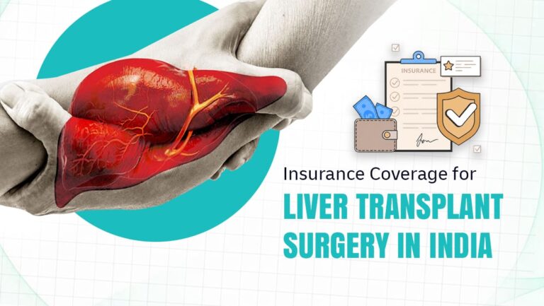 A professional banner image with the title "Insurance Coverage for LIVER TRANSPLANT SURGERY IN INDIA." On the left, an illustration features two hands clasped in a supportive handshake, with a realistic, detailed graphic of a human liver overlaid across their palms against a solid teal circle. On the right, a clean line-art graphic displays an insurance document with checkmarks, a gold shield with a checkmark, a wallet with cash, and a signature line. The background is a light gray with a faint grid pattern.
